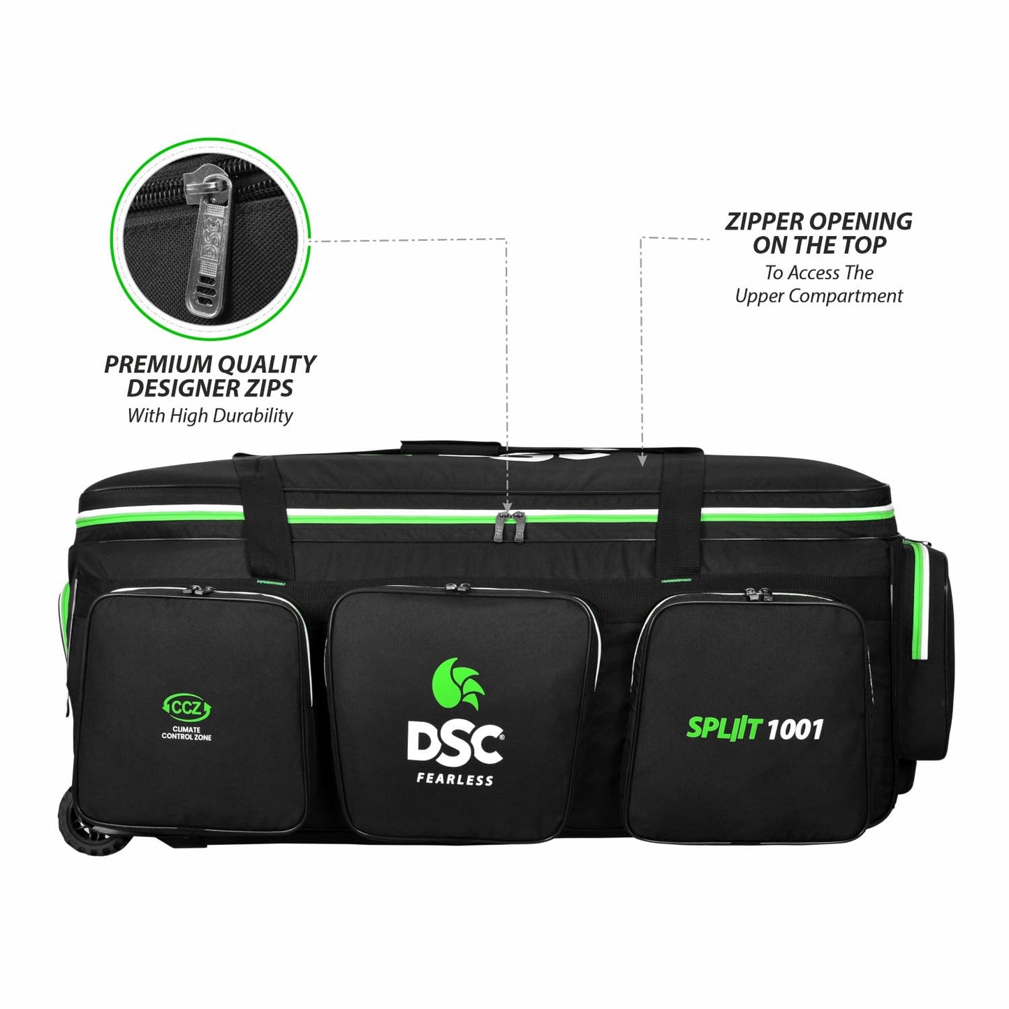 DSC Spliit 1001 Cricket Large Wheelie Cricket Kit Bag - Black/Green - Cric Studio